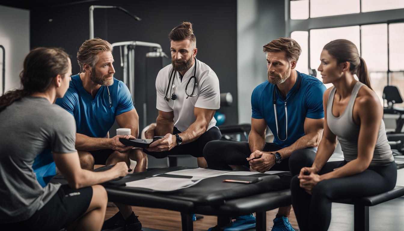 A group of athletes consulting with a doctor in a sports clinic.