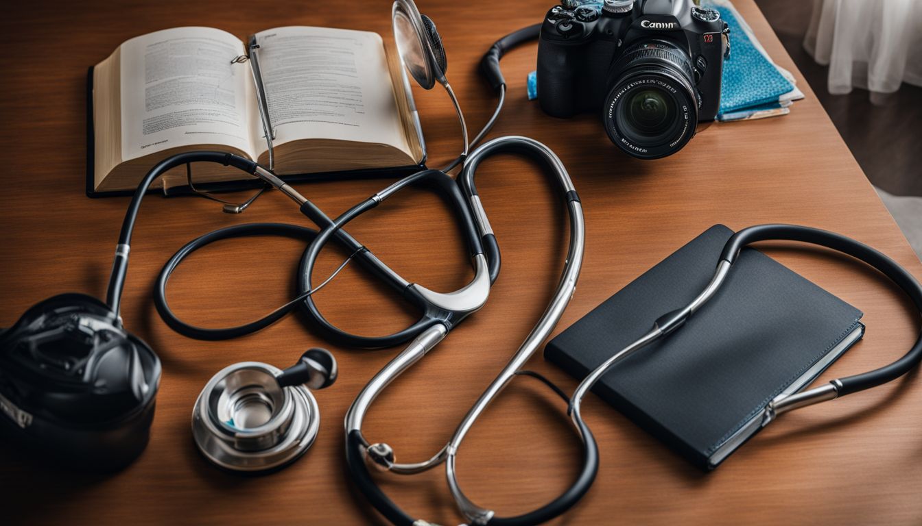 A doctor's desk with medical and sports-related equipment and books.