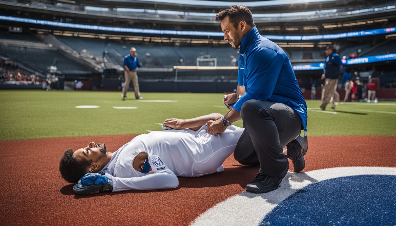 A sports medicine doctor examining a patient on a sports field.